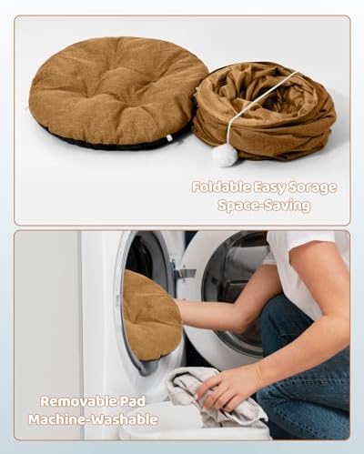 Linen Cat Tunnels with Central Cat Bed, Interactive Cat Toys Detachable Washable Soft Mat Large Indoor Play Tunnel Cave for Kittens and Small Animals