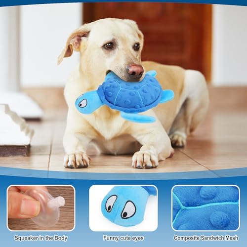 Squeaky Sea Turtle Plush Dog Toy - Durable, No Stuffing (Blue)