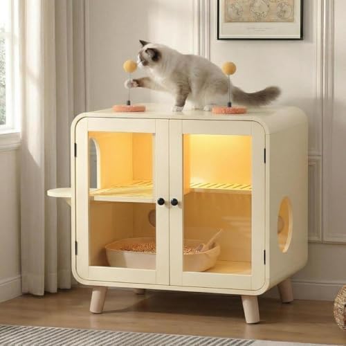 Smart Cat Litter Box Enclosure with RGB LED Light，TV-Style Cat Cabinet with Transparent Doors,Side Steps,Pom-Pom Toys,Indoor Pet House for Living Room,Bedroom(30.7"*23.6"*28",Beige)