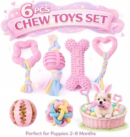 Puppy Chew Toys, 6 Pack Puppy Teething Toys for Small Breed, Soft Rubber Cute Pink Dog Toys, Eco-Friendly, Teeth Cleaning Interactive for Small Dogs (Basket not Included)