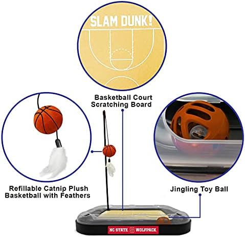 Cat Scratch Toy NCAA North Carolina State Wolfpack Reversible Basketball Court Felt/Cardboard Cat Scratcher Toy. Interactive Cat Ball Bell. 6-in-1 CAT Toy Cat Wand Poll Catnip-Filled Plush Basketball