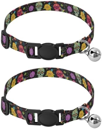 Skulls Flowers Black Easy to Wear Kitten Collar 2 Pack Comfortable Cat Collar