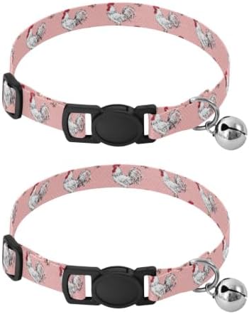2 Pack Small Dog Collar White Roosters Red Combs Tails Puppy Collar with Bell, Adjustable 10.6 to 17.1 Inches