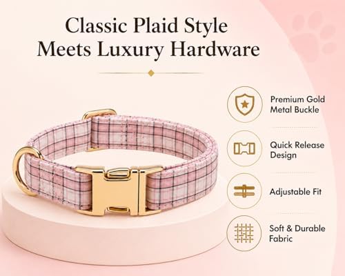 Soft Cotton Dog Collar Classic Plaid Pet Collars with Metal Clasp for Large Dogs with Sensitive Skin, Blush Pastel Tartan