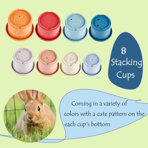 8 Pcs Stacking Cups for Rabbits - Multi-Colored Reusable Rabbit Bunny Toys with Cute Animal Design - Graduated Sized Stackable Toys - Safe Wheat Straw Nesting Toy