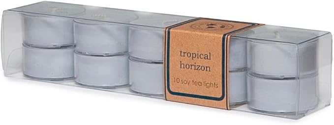 Eco Candle Co. Tropical Horizon Tea Light Candles, 10-Pack, 9 Hr Burn Time | Scents of Citrus Blossoms & Wild Moss - Recyclable Plastic Cups, No Lead, Hand Made In The USA