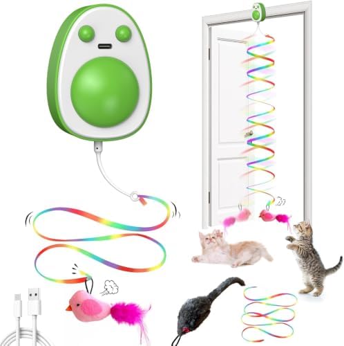 Interactive Cat Toys for Indoor Cats,Electric Flying Bird & Mouse Wand Teaser, Automatic Hanging Door Frame Chase/Hunt/Exercise Stimulate Feather Cat Toy for Bored Indoor Adult & Kitten (Green)