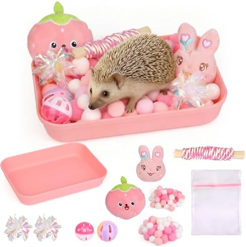 Hedgehog Accessories, Dig-Box Tray for Hedgehog Cage with Ball Toy, Small Animal Accessories Funny Dig-Box Tray Toys for Hedgehogs, Ball Bell Toy for Ferret Kitten Cat Hamster (Pink)