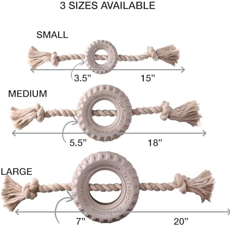 Pet Passion Natural Rubber Tire and Organic Cotton Rope Pull and Chew Dog Toy for All Pet Breeds, Almond Milk, Large
