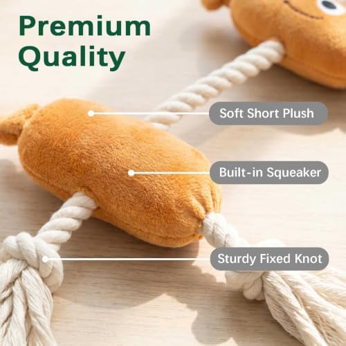 Orange Sausage Dog Rope Toy, Squeaky Plush Tug for Small Medium Dogs