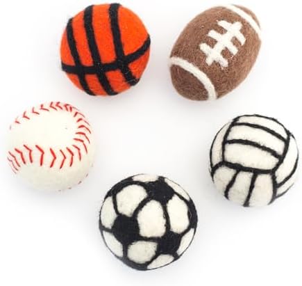 Glaciart One Sports Wool Balls for Cats – 5 Pcs with Catnip Pouch - Soft Fuzzy Enrichment 100% Natural Felt Cat Toy - Interactive Play Cat Toy Set - Safe for Pets, Non-AZO Colored Dyes – 1.6”