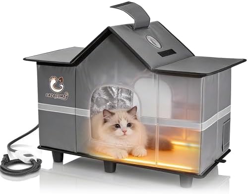Large Weatherproof Outdoor Cat House with Heated Pad 28" x 16" x 17" Grey