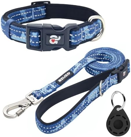 azuza Reflective Dog Collar and Leash Set with Airtag Holder, Blue Camo Padded Collar with Matching Clip Handle Leash for Small Dogs