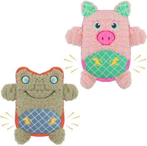 Crinkle Dog Toys Squeaky Plush No Stuffing Cute Puppy Stuffless Tough Rop Pull Toy, Fun Dog Stuffed Animals Durable Chew Set for Small Medium Large Pup (Large, Pink Pig+Green Frog)