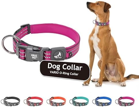 Kruz Dog Collar for Large Dogs (Width- 1", Length - 25"-27.5") Reflective Adjustable Pet Neck Band with Soft Padding, Heavy-Duty O-Ring, 100% Nylon Strap (Raspberry Pink, X-Large)