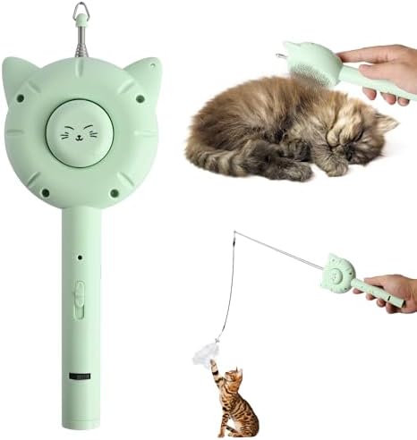 5-in-1 Cat Toy with Red Light, Self-Cleaning Deshedding Brush & Retractable Fishing Pole, Interactive Pet Grooming Comb for Cats & Kittens