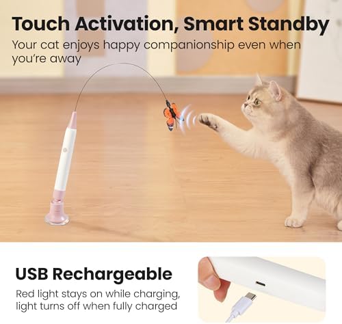 Potaroma Interactive Spinning Butterfly Cat Toy Wand, Rechargebale | Automatic Self-Play & Handheld Mode, Electric Touch Activated Cat Teaser with Suction Cup for Indoor Kittens