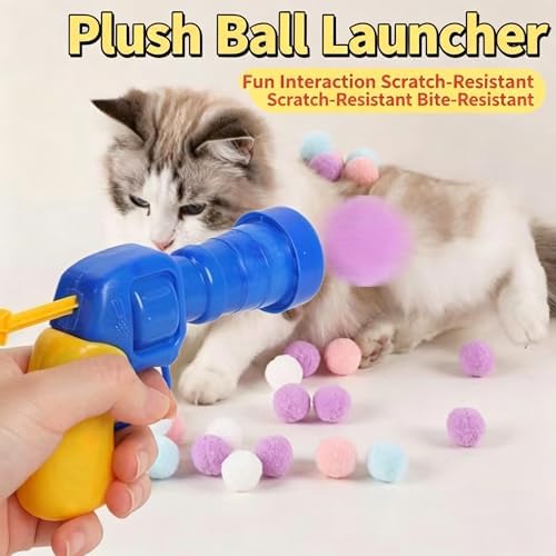 Interactive Cat Ball Launcher Toy with 50 Soft Pom Pom Balls, 3 cm Colorful Plush Ball Cat Toys, Low-Noise Indoor Chase Toy Set for Cats, Kittens, Exercise, Training and Play