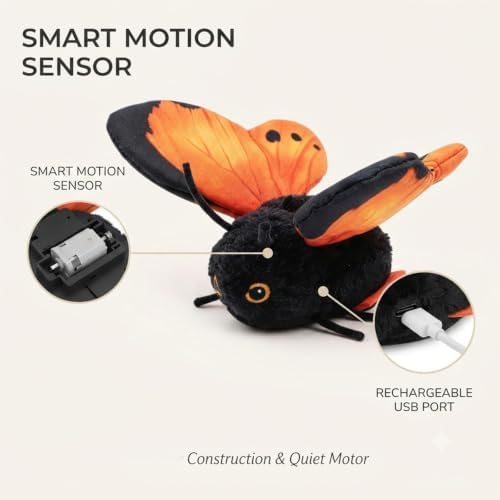 Smart Sensing Automatic Flapping Butterfly Cat Toy, Interactive Electric Pet Play Toy, Realistic Wing Motion Encourages Stalking, Rechargeable Self Play Stimulating Motion Activate，Gold