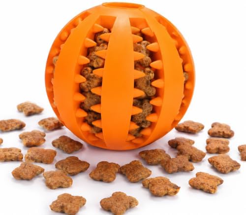 Dog Rubber Bouncing Ball for Dental Hygiene, with 2 Functions, pet Toy and croquettes Dispenser, Interactive and Resistant, chewable and Good for IQ Training (L (5cm), Orange