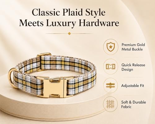 Soft Cotton Dog Collar Classic Plaid Pet Collars with Metal Clasp for Medium Dogs with Sensitive Skin, Creamy Countryside
