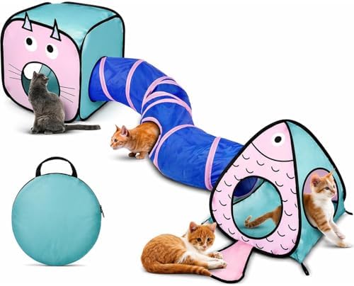 Rypet Cat Toy Tunnel and Cubes Bundle, Play Tubes for Indoor Cats, Blue