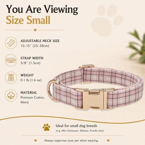 Soft Cotton Dog Collar Classic Plaid Pet Collars with Metal Clasp for Small Dogs with Sensitive Skin, Blush Pastel Tartan