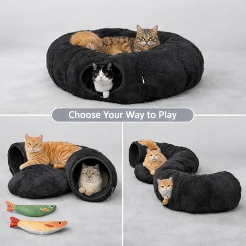 Cat Tunnel Bed with 2 Catnip Fish Toys (1000mg Natural Catnip) Interactive Cat Toys, Cat Tubewith Kitten Toys for Indoor Kittens, Collapsible Play Tunnel, Dark Grey