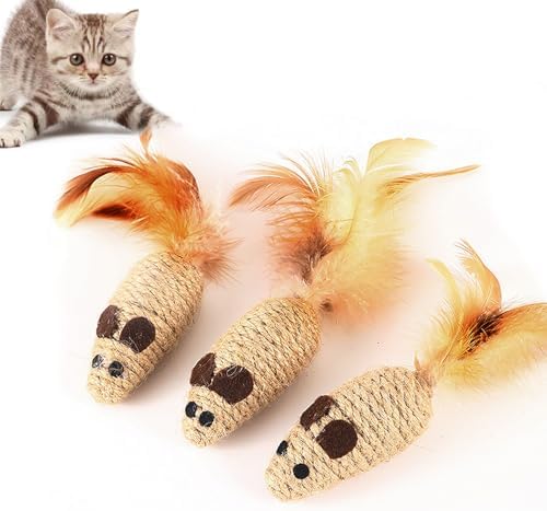 3 Pack Cat Mouse Toys with Feather Tail Rattling Noise Sound Natural Sisal Cat Toys Teeth Cleaning Dental Chew Toys Interactive Cat Mice Toy Mice Cat Toys for Indoor Cats Kittens Puppies