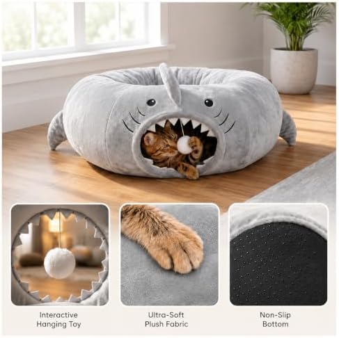 Baseola Fuzzy Cat Tunnel Bed for Indoor Cats, 2-in-1 Interactive Cat Toys