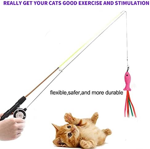 Retractable Cat Teaser Wand Toy, Cat Toys for Indoor Outdoor Cats Interactive Fishing Rod with 8 Pcs Refills Feather Toy, Plush Mouse Caterpillar & Fish