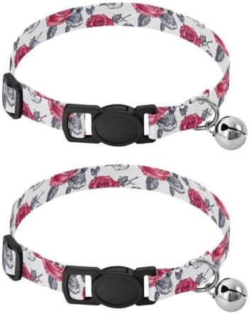2 Pack Pet Collar Skull Red Rose Dog Collar with Bell, Adjustable Length 10.6" to 17.1"