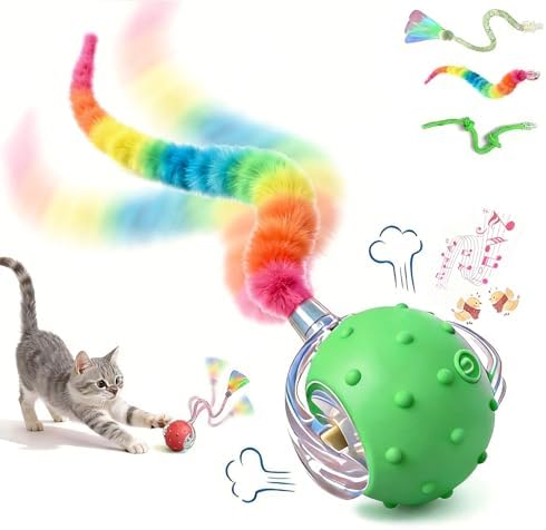 Automatic Chirping Cat Ball, 3 Interchangeable Tails for Indoor Cats, Green