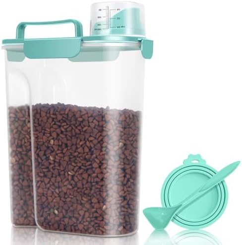Pet Dog Cat Food Storage Container 5 to 7 lbs with Can Cover and Mixing Spoon, Airtight Travel Pet Food Storage Dispenser with Easy-pouring Spout & Cup, Kibble Dog Treat Bird Seed Container -Cyan