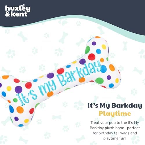 Huxley & Kent Power Plush Squeaky Dog Toy, It's My Barkday Bone, Small