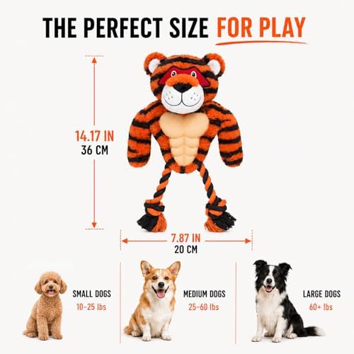 Tiger Rope & Plush Dog Toy with Squeaker, Interactive Tug Toy for Medium to Large Dogs, Multi-Texture Toy for Tug, Toss & Supervised Play