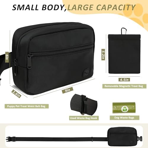 Puppy Dog Treat Pouches for Pet Training Treat Bag, Dog Walking Fanny Pack with Carabiner, Built-in Poop Bag Dispenser & Reuse Dog Poop Holder, Puppy Pet Treat Waist Belt (Black)