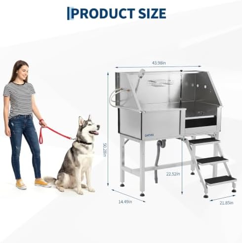 Professional Stainless Steel Dog Washing Station 46 Inch – Heavy Duty Pet Grooming Bathtub – Brushed Finish – Access Stairs – Ideal for Home or Salon – Right Opening Door