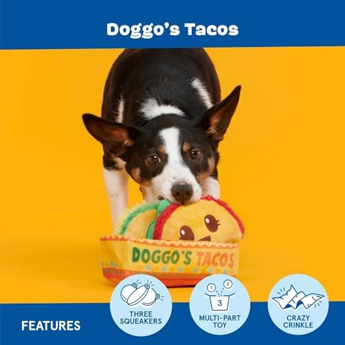 BarkBox Doggo's Tacos 3-in-1 Interactive Plush Dog Toy | Squeaky Dog Toys with Crinkle Holder - For Small to Medium Dogs and Puppies