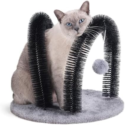Cat Arch Self Groomer Massager, Kitty Grooming Brush with 2 Brushes and Heavy Plush Base, Cat Face and Back Scratchers, Rubbing Post for Indoor and Outdoor Cats with 2 Plush Balls