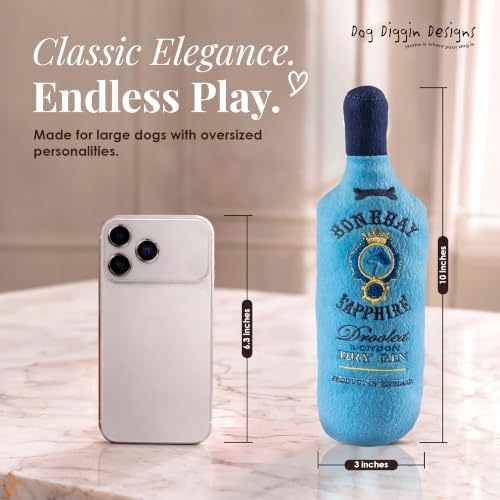 Dog Diggin Designs Bonebay Sapphire Plush Dog Toy Gin Bottle | Luxury-Inspired Parody Gin Bottle Dog Toy with Squeaker, Soft Plush Novelty Dog Toy – Shaken, Not Stirred!