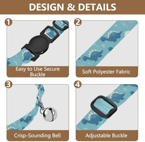 2 Pack Dog Collar Cute Blue Cartoon Dinosaurs Cat Collar with Bell, Adjustable 10.6 to 17.1 Inches