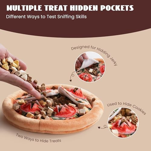 Nocciola Hide Treat Seek Pizza Dog Toy- Interactive Enrichment Burrow Snuffle Plush Stuffed Puppy Toys, Fun Crinkle Squeaky Durable Entertained Pet Supplies for Small Medium Large Breed
