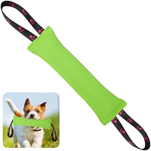 ToLanbbt Dog Tug Toy Bite Jute Pillow Pull Toy with 2 Strong Handles Perfect for Tug of War, Puppy Interactive Play, Tear Resistant Bite Training for Small Medium Large Dogs (Bright Green-Footprint)