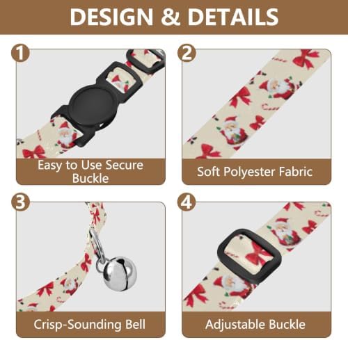 Cute Santa Claus Characters Beige Breakaway Cat Collars with Bell 2 Pack Cats Collar Adjustable 10.6 to 17.1 Inches