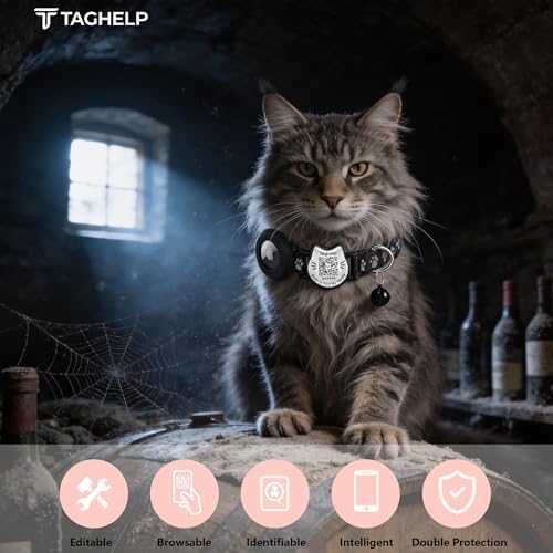 Cat Collar with AirTag Holder, QR Code Tag and Bell (Black, Paw Pattern)