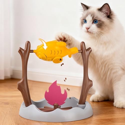 Cat Puzzle Feeder Toy, Campfire Treat Slow Feeder, Interactive Cat Toys, 3 Different Feeding Ports, Pets Dry Food Dispenser for Indoor Cats Kitty Dogs Puppy (Grey)