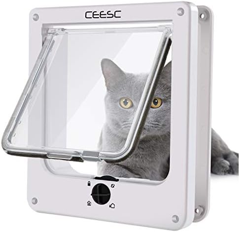 CEESC Medium Cat Door for Interior/Exterior, for Pets <15.75", White | Rotary 4-Way Lock, Weatherproof, Fits doors 1.26-2.14", Adjustable tunnel depth, Upgraded version