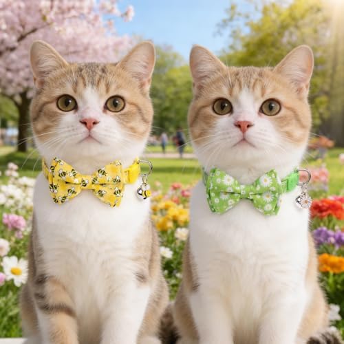KOOLTAIL Cute Cat Collar Breakaway with Bow Tie and Bell, 3 Pack Adjustable Fancy Flower & Bee Kitten Collar with Charm Pendant & Safety Buckle for Girls Boys Kitty,Daisy & Sakura