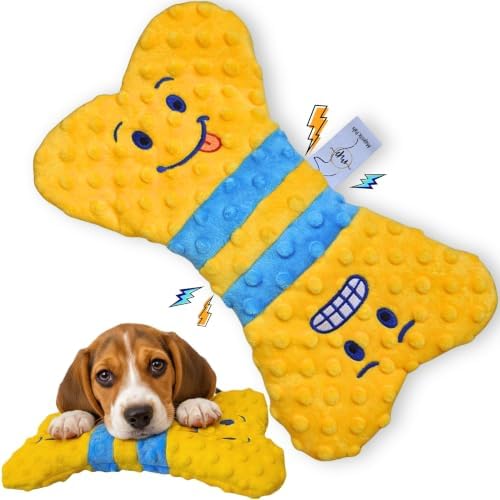 Crinkle Dog Toy, No Stuffing Squeaky Dog Toy for Small, Medium & Large Breeds – Great for Cuddling, Anxiety Relief, Tug of War, Fetch, Boredom Reducer – Soft Yellow Plush Bone, Gift Ready Box